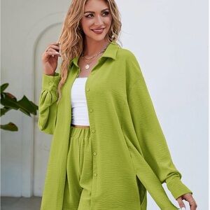 Women's Lime Green Button-Up and Shorts Set